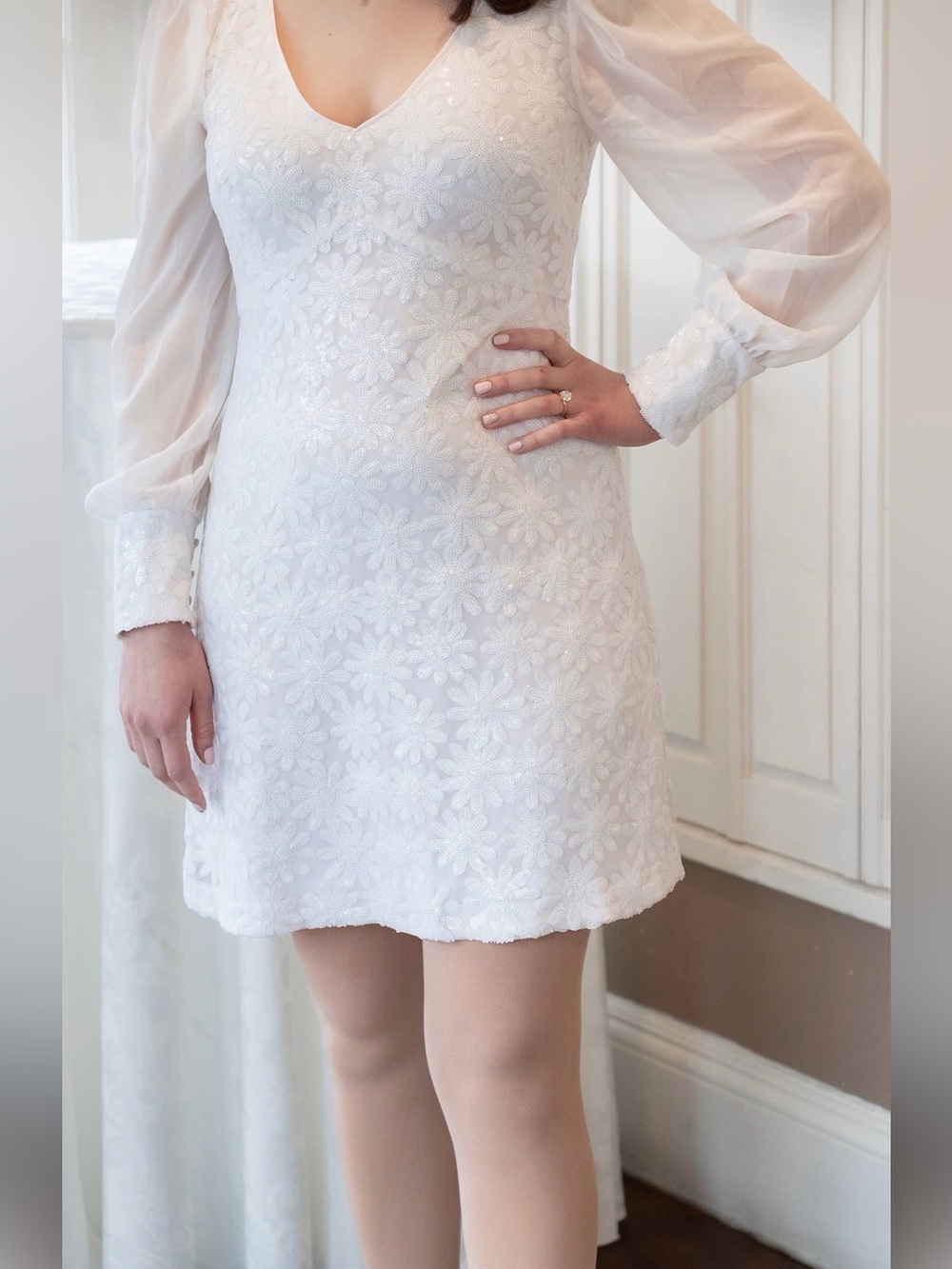 White Mini Dress with Sheer Long Sleeves